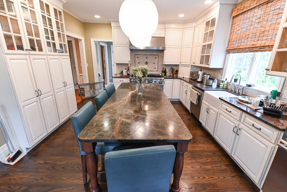 "The Whitby" Traditional Distressed White Kitchen with Island, Desk Area & Thermador Appliances