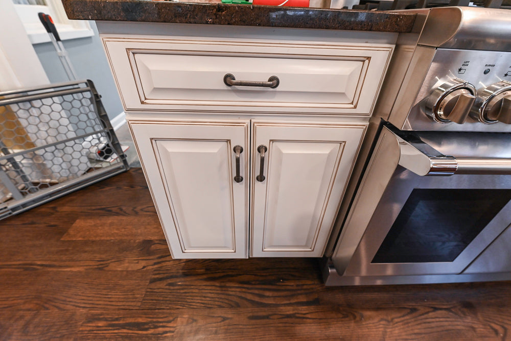 "The Whitby" Traditional Distressed White Kitchen with Island, Desk Area & Thermador Appliances