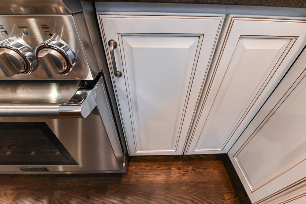 "The Whitby" Traditional Distressed White Kitchen with Island, Desk Area & Thermador Appliances