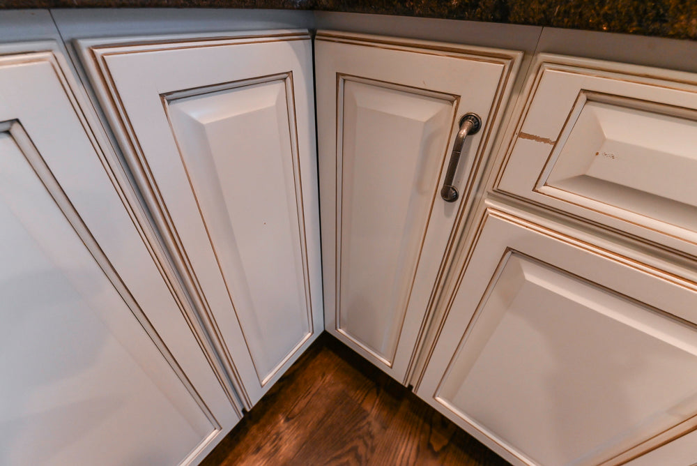 "The Whitby" Traditional Distressed White Kitchen with Island, Desk Area & Thermador Appliances