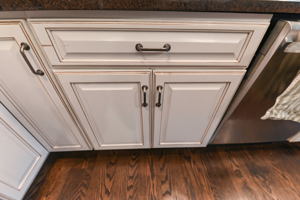 "The Whitby" Traditional Distressed White Kitchen with Island, Desk Area & Thermador Appliances
