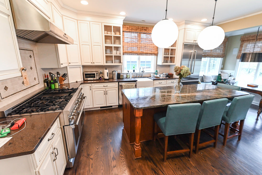 "The Whitby" Traditional Distressed White Kitchen with Island, Desk Area & Thermador Appliances