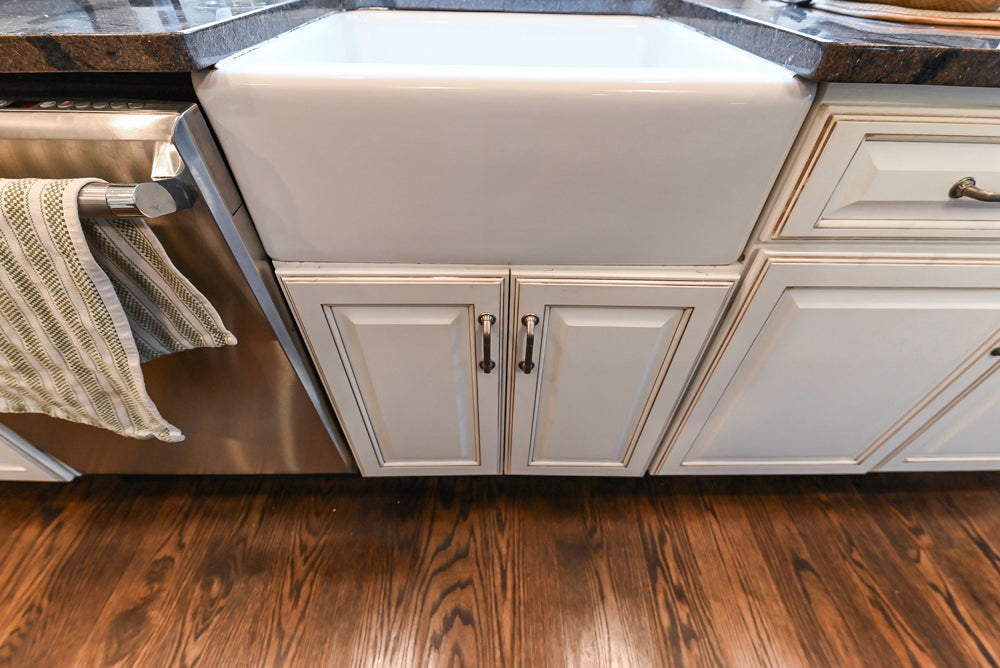 "The Whitby" Traditional Distressed White Kitchen with Island, Desk Area & Thermador Appliances