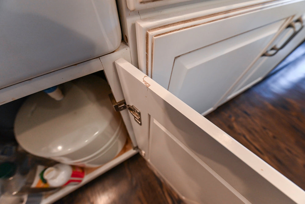 "The Whitby" Traditional Distressed White Kitchen with Island, Desk Area & Thermador Appliances