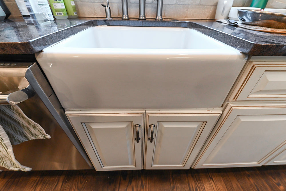 "The Whitby" Traditional Distressed White Kitchen with Island, Desk Area & Thermador Appliances