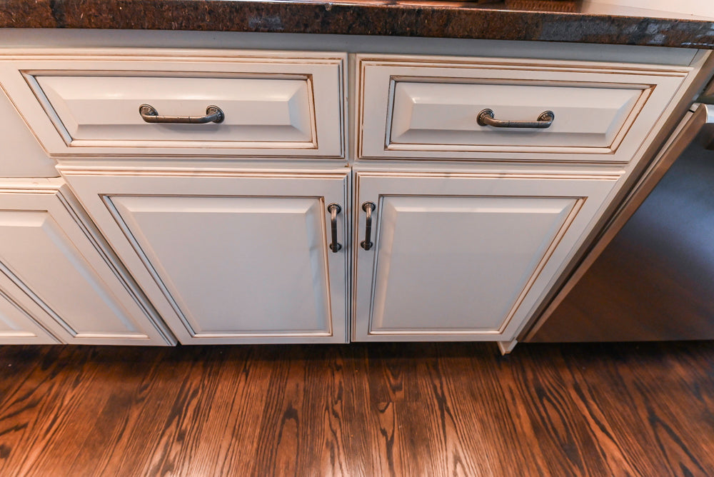 "The Whitby" Traditional Distressed White Kitchen with Island, Desk Area & Thermador Appliances
