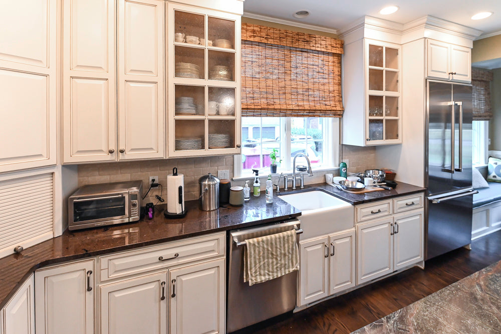 "The Whitby" Traditional Distressed White Kitchen with Island, Desk Area & Thermador Appliances