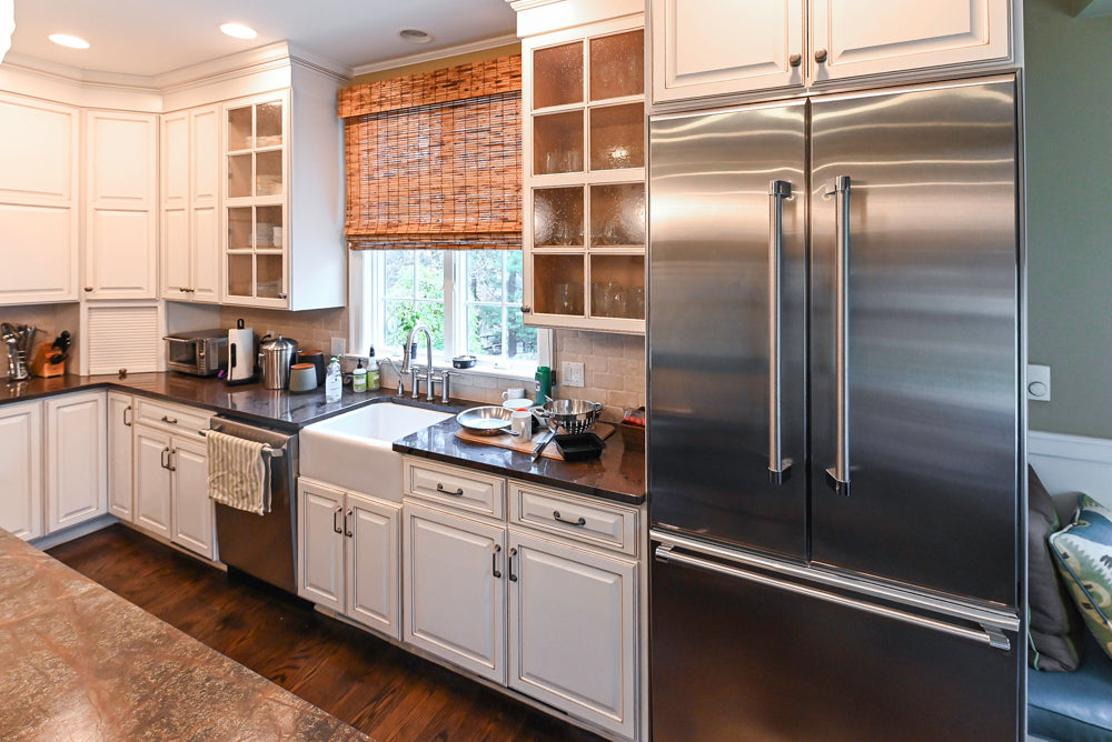 "The Whitby" Traditional Distressed White Kitchen with Island, Desk Area & Thermador Appliances