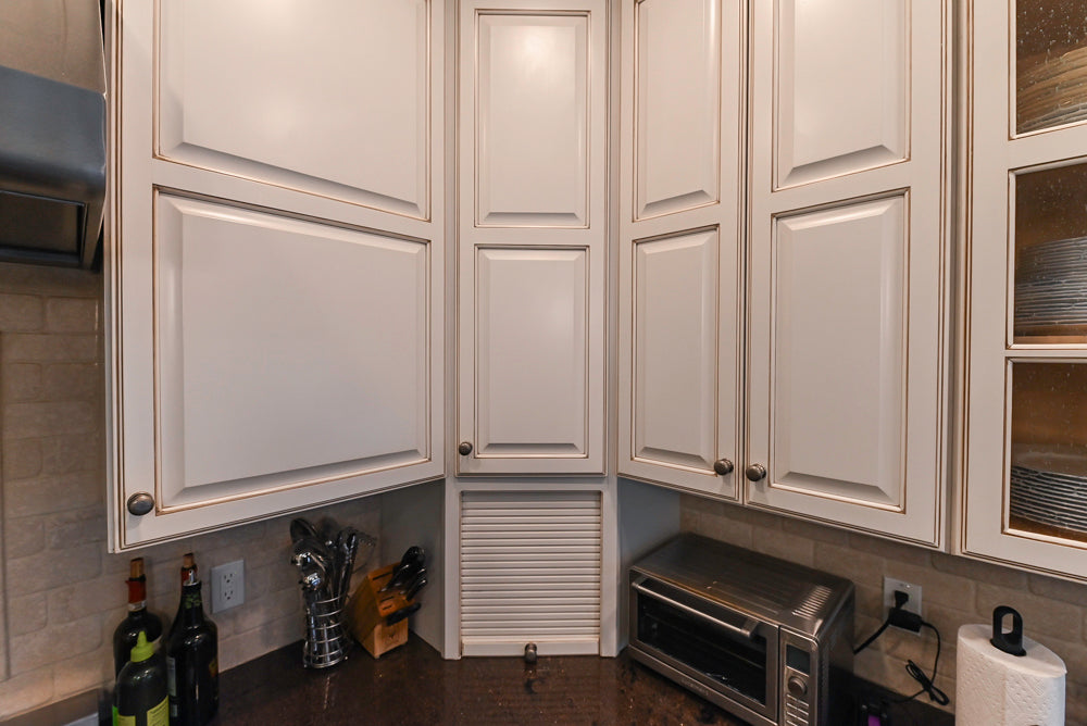"The Whitby" Traditional Distressed White Kitchen with Island, Desk Area & Thermador Appliances