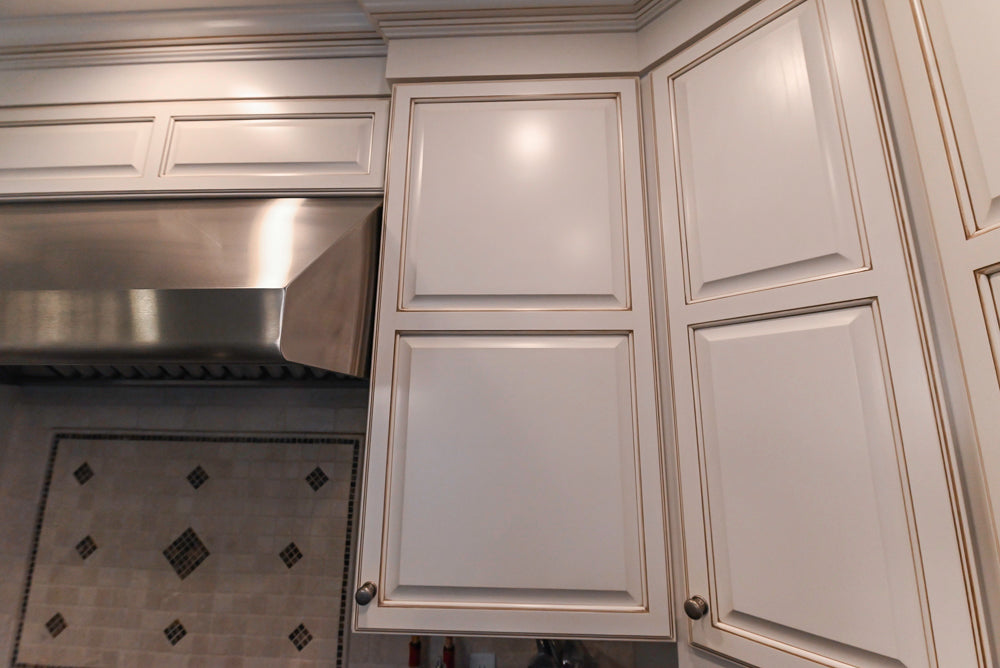 "The Whitby" Traditional Distressed White Kitchen with Island, Desk Area & Thermador Appliances