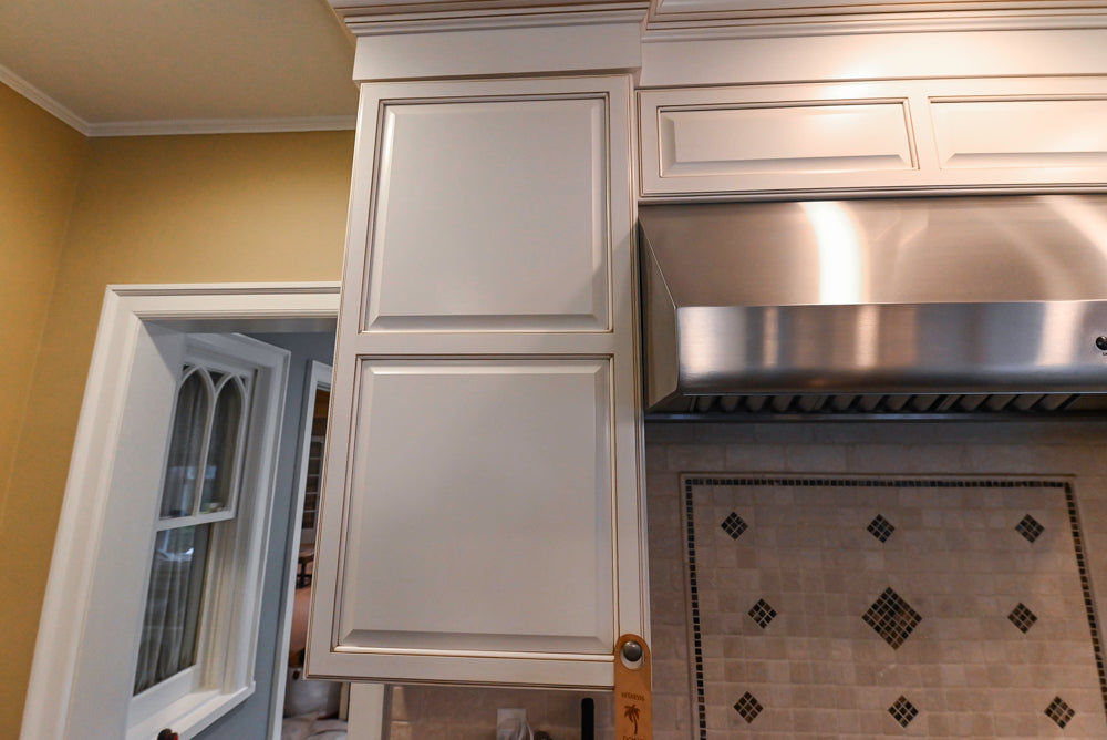 "The Whitby" Traditional Distressed White Kitchen with Island, Desk Area & Thermador Appliances