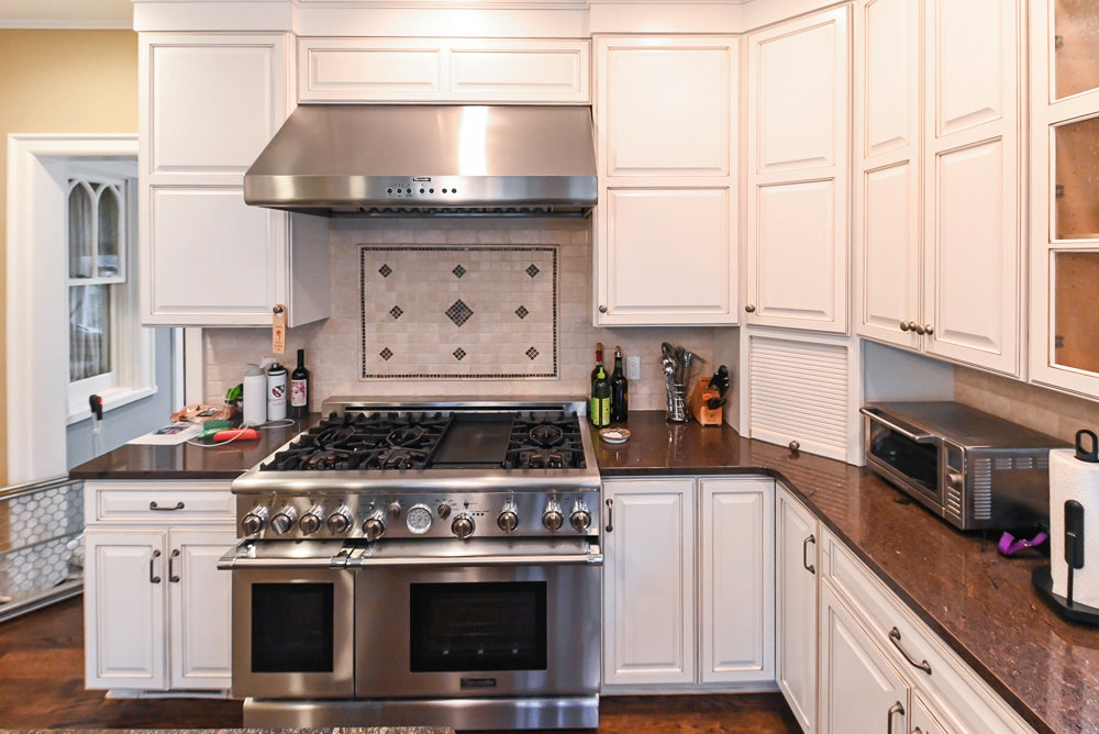 "The Whitby" Traditional Distressed White Kitchen with Island, Desk Area & Thermador Appliances