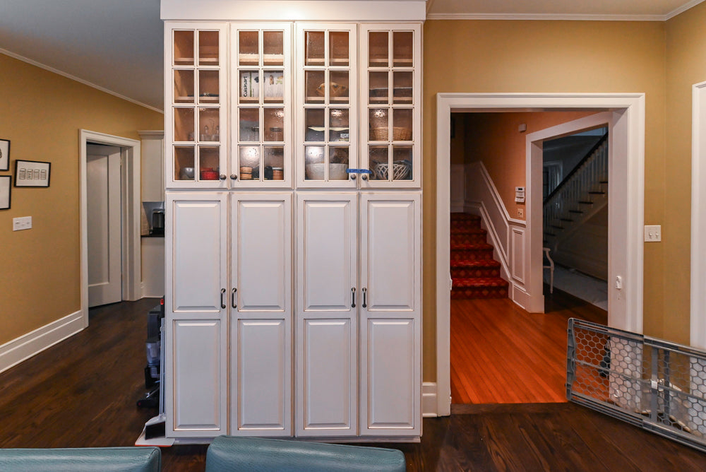 "The Whitby" Traditional Distressed White Kitchen with Island, Desk Area & Thermador Appliances