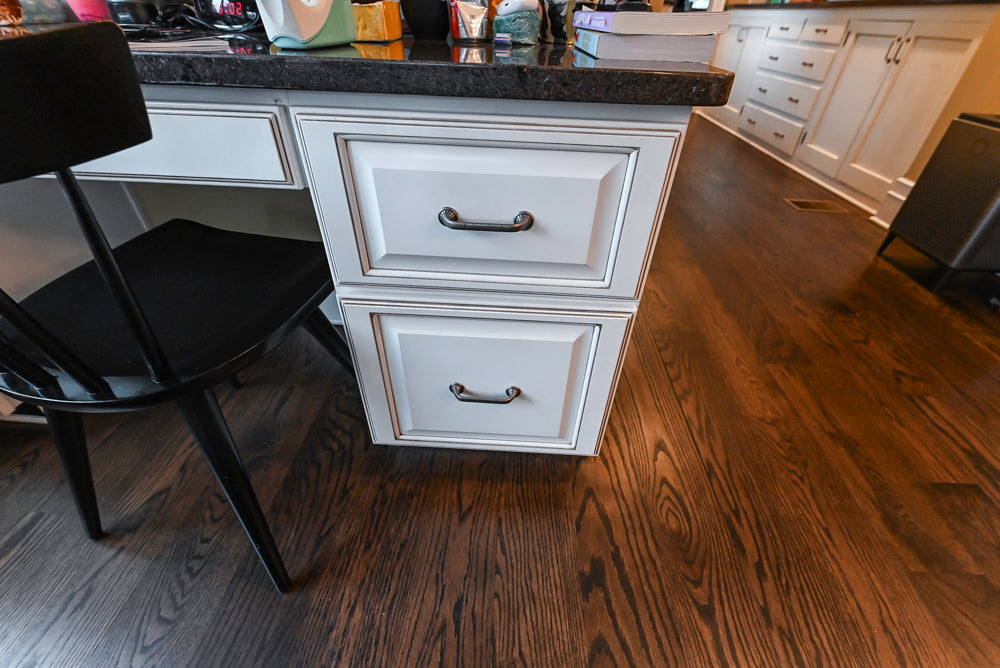 "The Whitby" Traditional Distressed White Kitchen with Island, Desk Area & Thermador Appliances