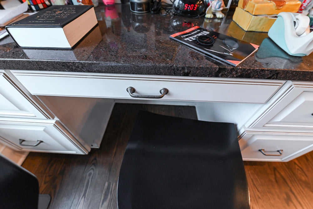 "The Whitby" Traditional Distressed White Kitchen with Island, Desk Area & Thermador Appliances