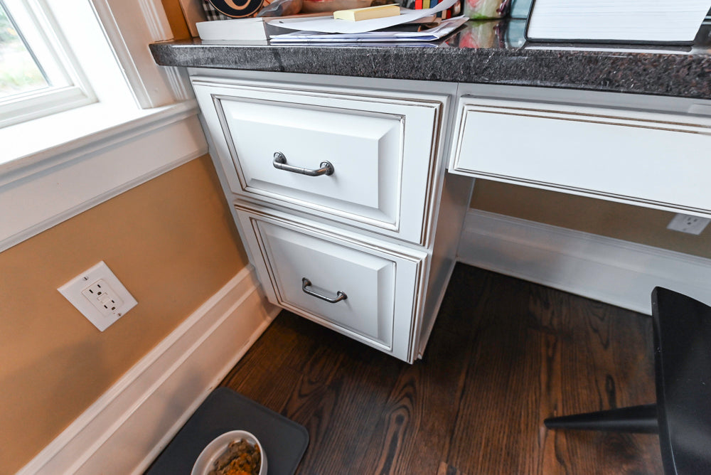 "The Whitby" Traditional Distressed White Kitchen with Island, Desk Area & Thermador Appliances