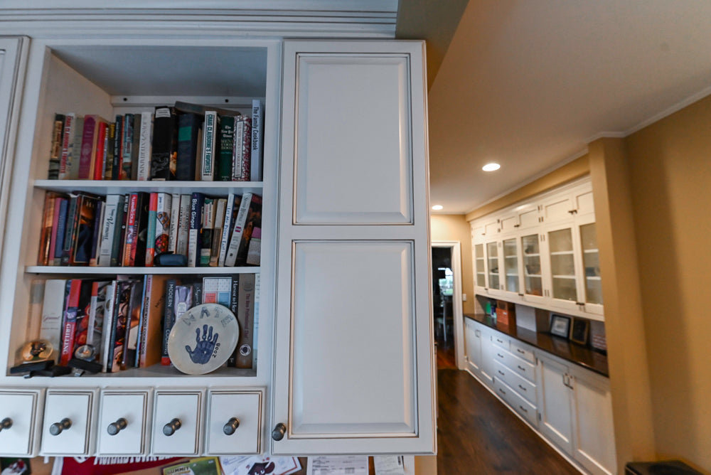 "The Whitby" Traditional Distressed White Kitchen with Island, Desk Area & Thermador Appliances