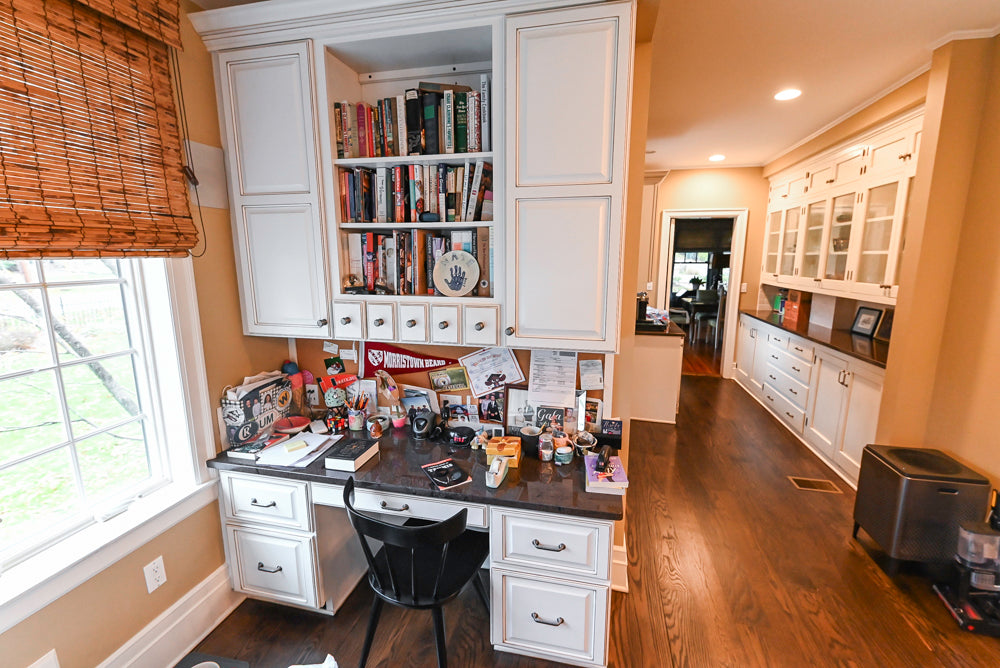 "The Whitby" Traditional Distressed White Kitchen with Island, Desk Area & Thermador Appliances