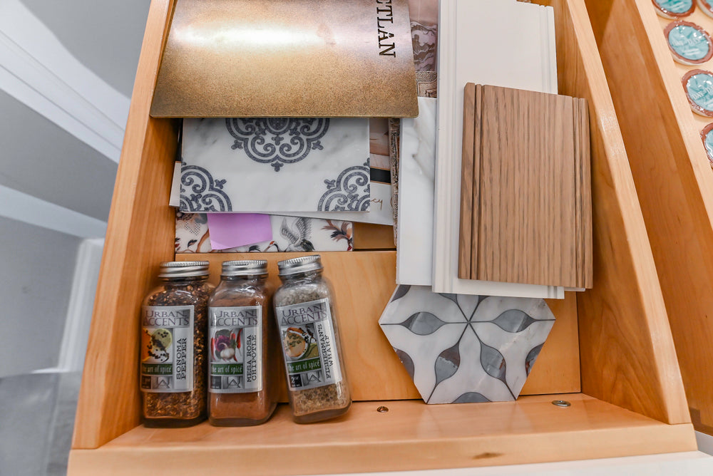 Signature Custom Cabinetry Transitional White Kitchen with Wood Veneer Top Island and Stone Countertops