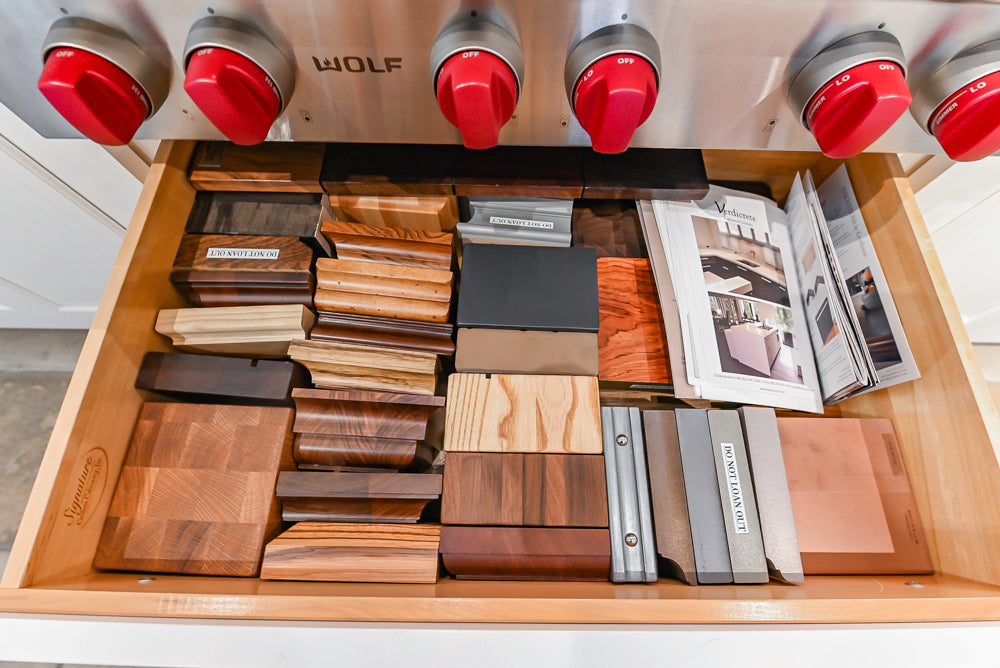 Signature Custom Cabinetry Transitional White Kitchen with Wood Veneer Top Island and Stone Countertops