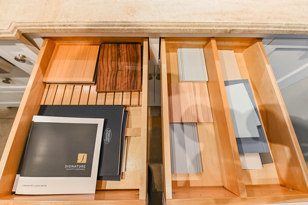 Signature Custom Cabinetry Transitional White Kitchen with Wood Veneer Top Island and Stone Countertops