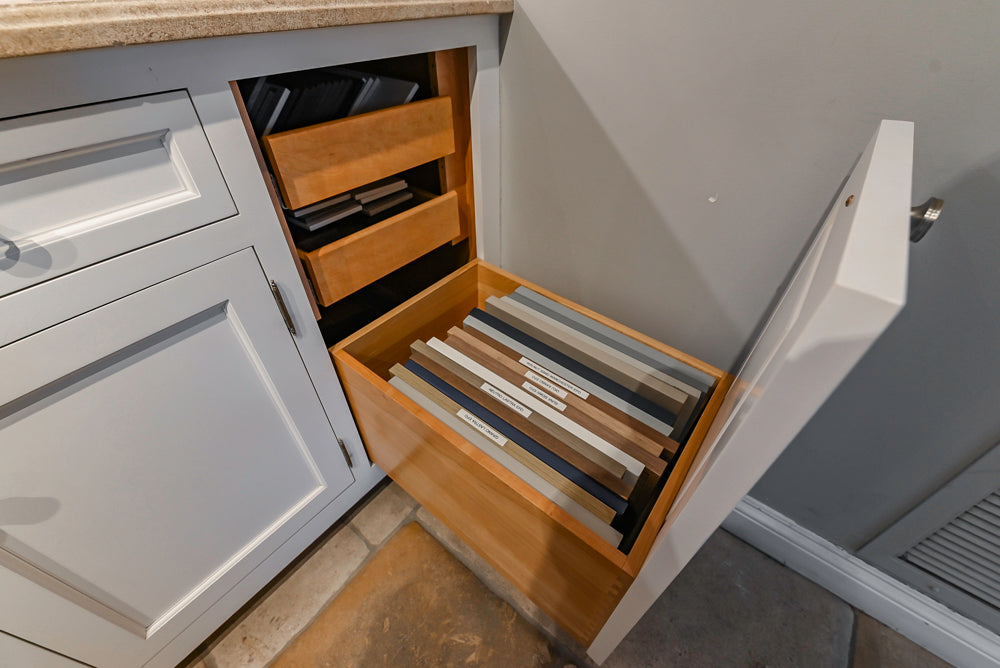 Signature Custom Cabinetry Transitional White Kitchen with Wood Veneer Top Island and Stone Countertops
