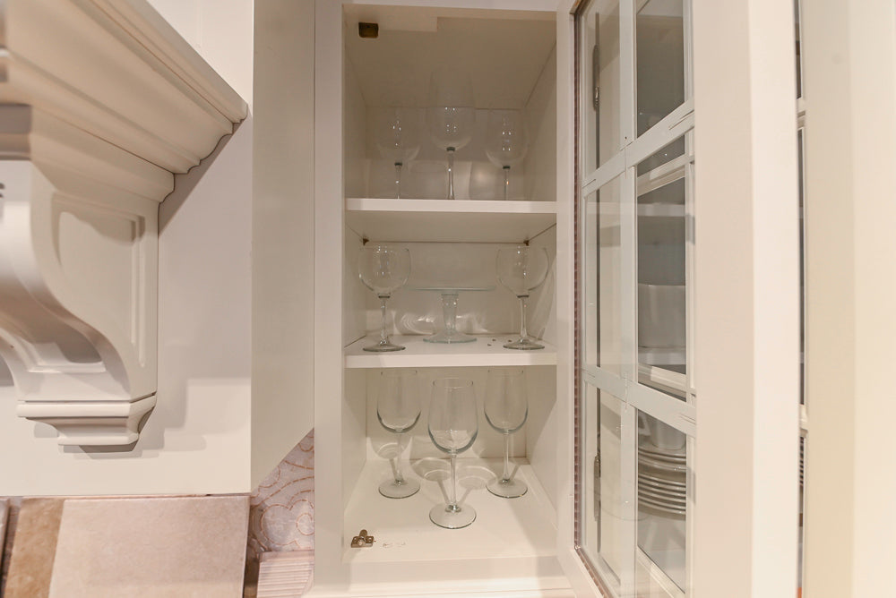 Signature Custom Cabinetry Transitional White Kitchen with Wood Veneer Top Island and Stone Countertops