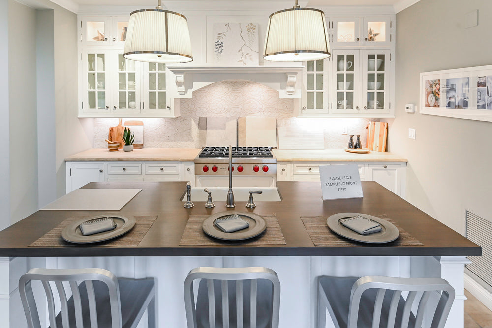 Signature Custom Cabinetry Transitional White Kitchen with Wood Veneer Top Island and Stone Countertops