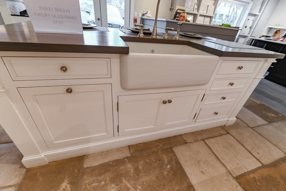 Signature Custom Cabinetry Transitional White Kitchen with Wood Veneer Top Island and Stone Countertops