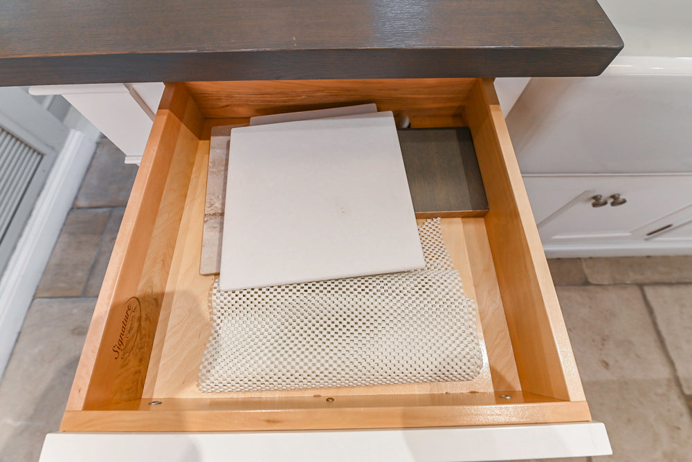 Signature Custom Cabinetry Transitional White Kitchen with Wood Veneer Top Island and Stone Countertops