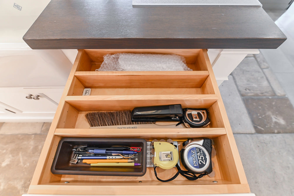 Signature Custom Cabinetry Transitional White Kitchen with Wood Veneer Top Island and Stone Countertops
