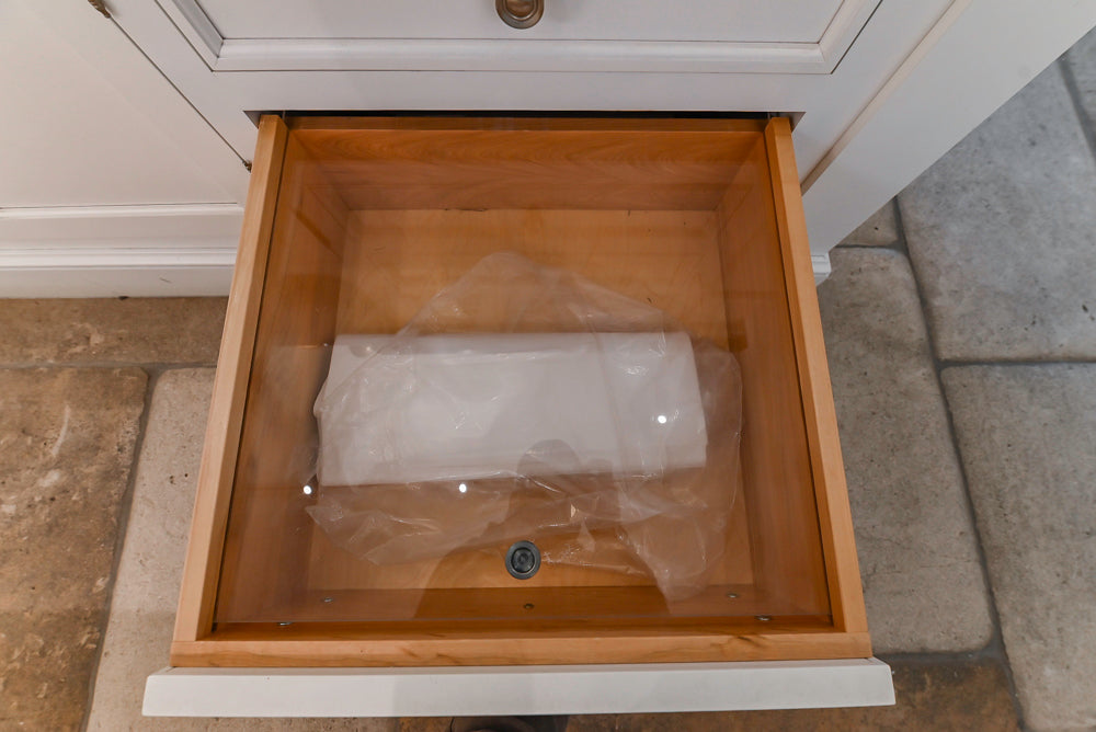 Signature Custom Cabinetry Transitional White Kitchen with Wood Veneer Top Island and Stone Countertops