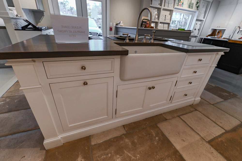 Signature Custom Cabinetry Transitional White Kitchen with Wood Veneer Top Island and Stone Countertops
