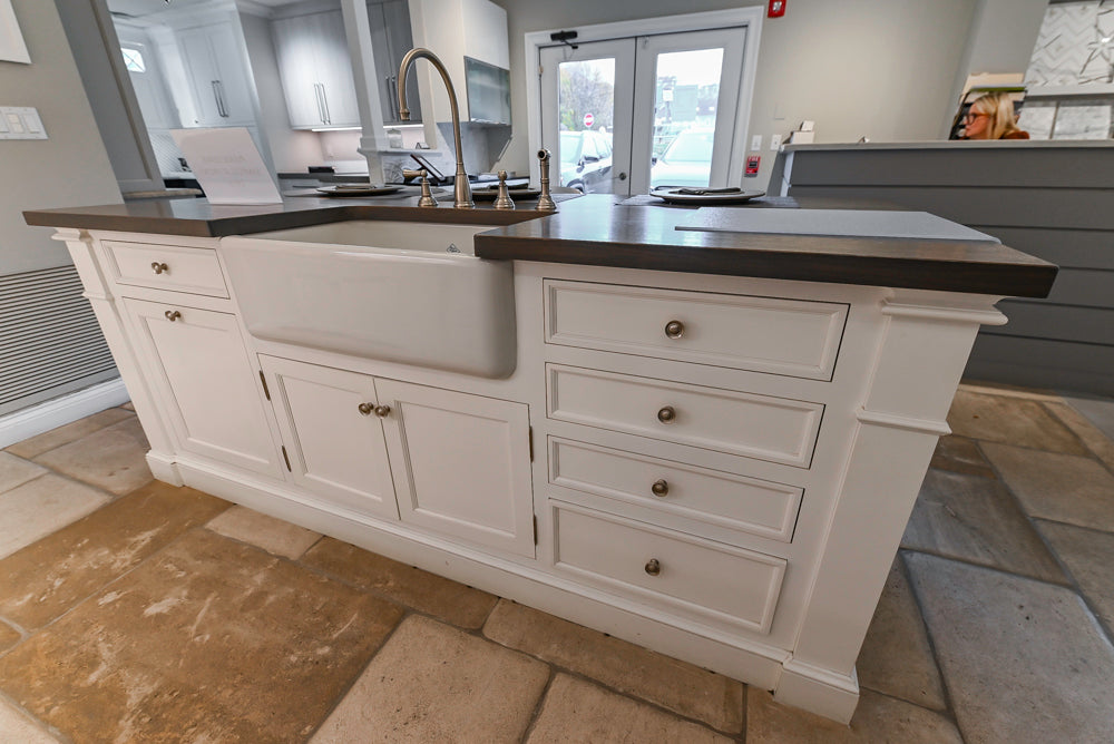 Signature Custom Cabinetry Transitional White Kitchen with Wood Veneer Top Island and Stone Countertops