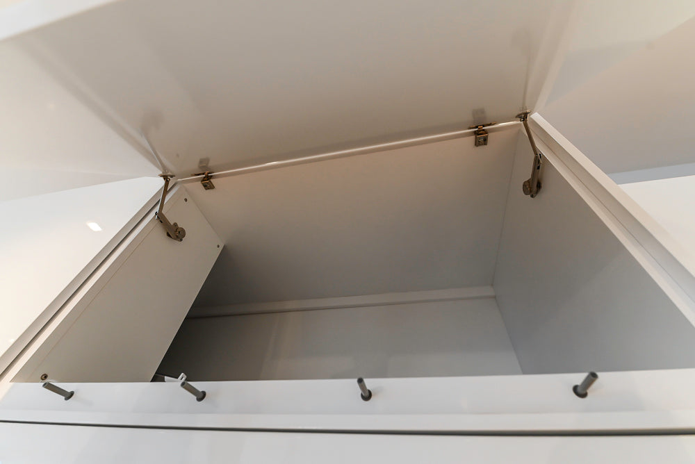 Brubaker Modern White Lacquered Kitchen with Waterfall Island and Stone Countertops