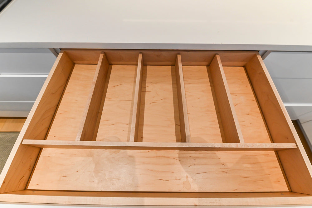 Brubaker Modern White Lacquered Kitchen with Waterfall Island and Stone Countertops