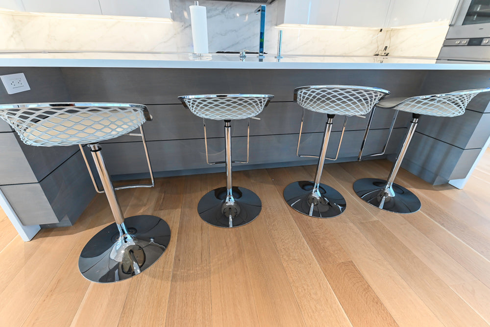 Brubaker Modern White Lacquered Kitchen with Waterfall Island and Stone Countertops