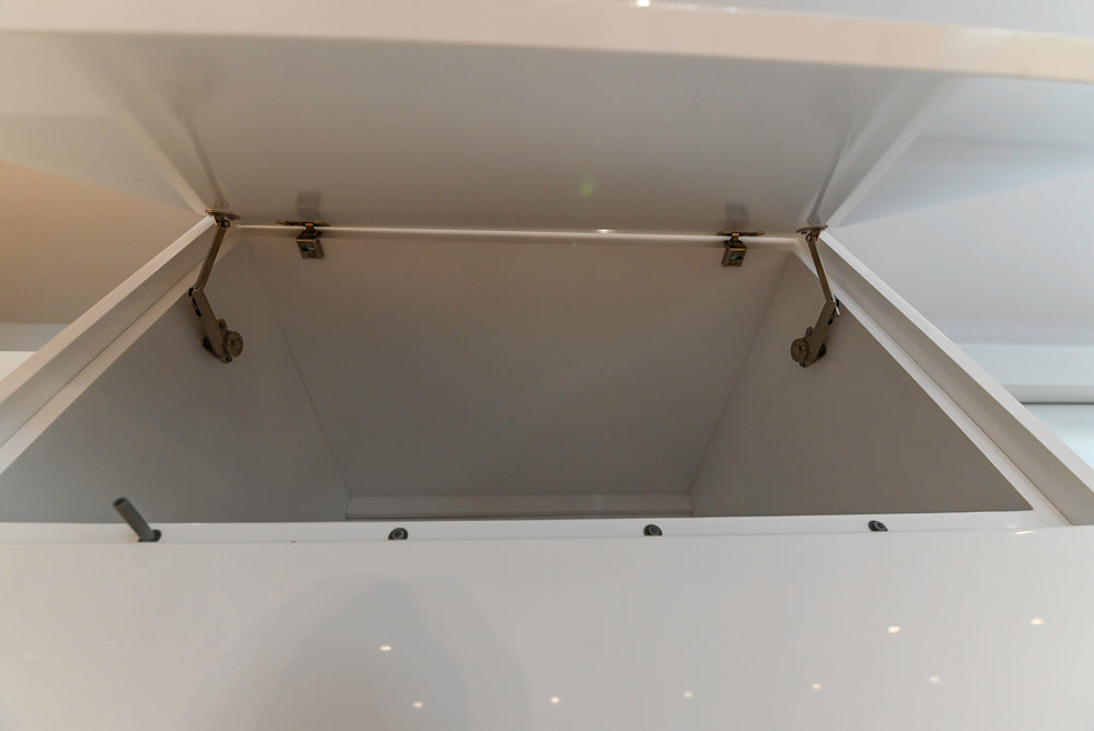 Brubaker Modern White Lacquered Kitchen with Waterfall Island and Stone Countertops