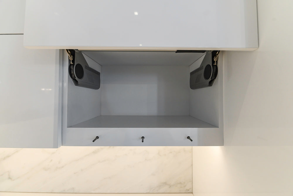 Brubaker Modern White Lacquered Kitchen with Waterfall Island and Stone Countertops