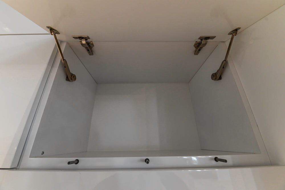 Brubaker Modern White Lacquered Kitchen with Waterfall Island and Stone Countertops