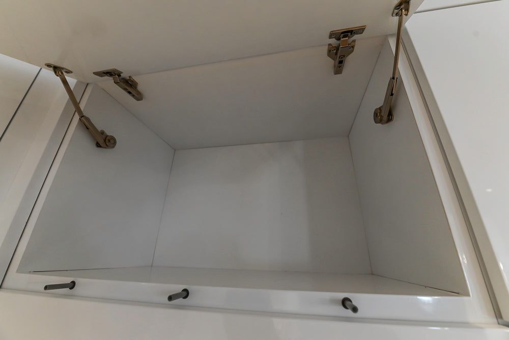 Brubaker Modern White Lacquered Kitchen with Waterfall Island and Stone Countertops