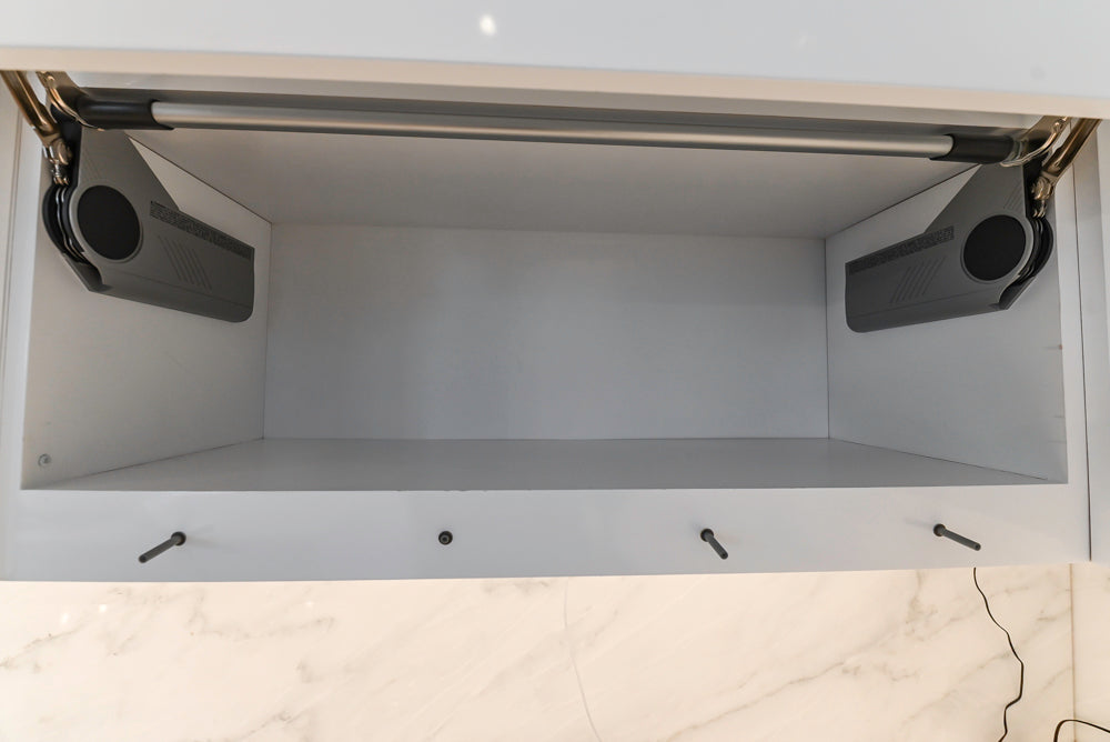 Brubaker Modern White Lacquered Kitchen with Waterfall Island and Stone Countertops