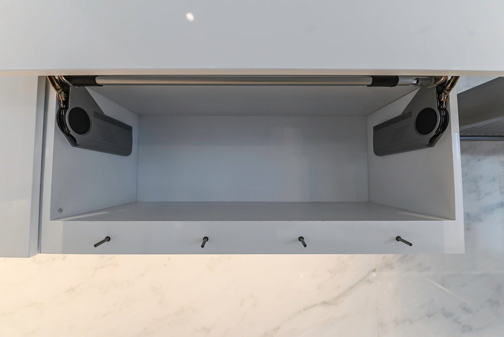 Brubaker Modern White Lacquered Kitchen with Waterfall Island and Stone Countertops