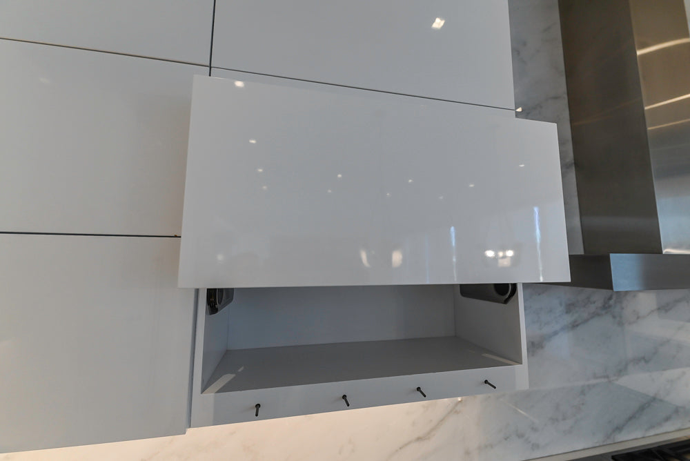 Brubaker Modern White Lacquered Kitchen with Waterfall Island and Stone Countertops