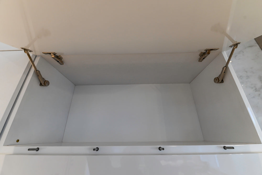 Brubaker Modern White Lacquered Kitchen with Waterfall Island and Stone Countertops