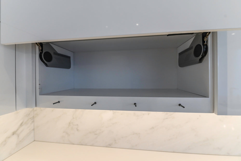 Brubaker Modern White Lacquered Kitchen with Waterfall Island and Stone Countertops