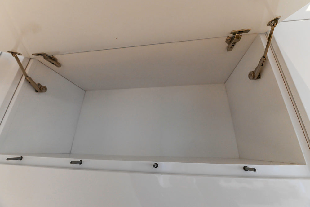 Brubaker Modern White Lacquered Kitchen with Waterfall Island and Stone Countertops