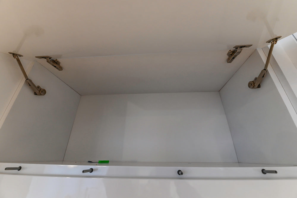 Brubaker Modern White Lacquered Kitchen with Waterfall Island and Stone Countertops