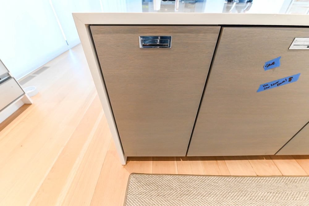 Brubaker Modern White Lacquered Kitchen with Waterfall Island and Stone Countertops