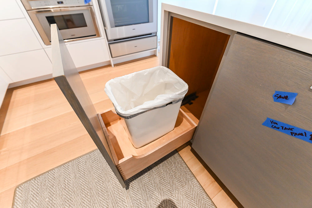 Brubaker Modern White Lacquered Kitchen with Waterfall Island and Stone Countertops